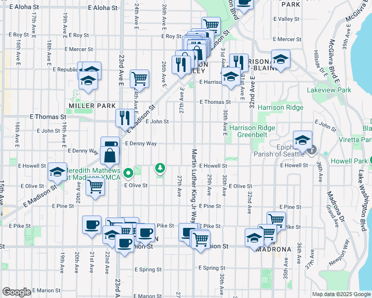 map of restaurants, bars, coffee shops, grocery stores, and more near 101 Martin Luther King Junior Way East in Seattle