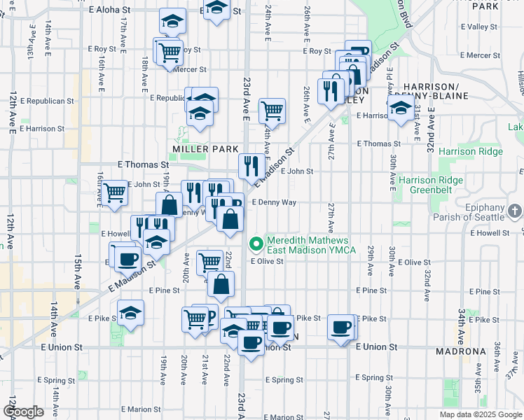 map of restaurants, bars, coffee shops, grocery stores, and more near 100 24th Avenue East in Seattle