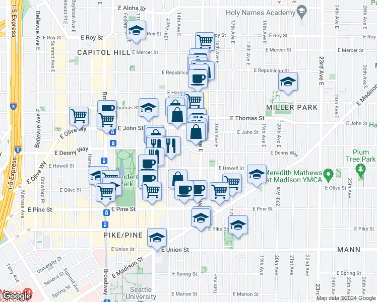 map of restaurants, bars, coffee shops, grocery stores, and more near 107 14th Avenue East in Seattle