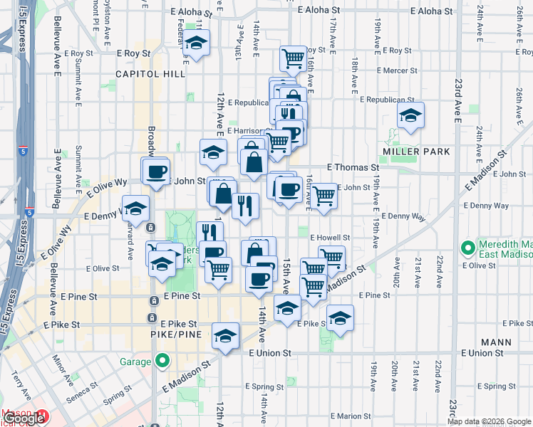 map of restaurants, bars, coffee shops, grocery stores, and more near 107 14th Avenue East in Seattle
