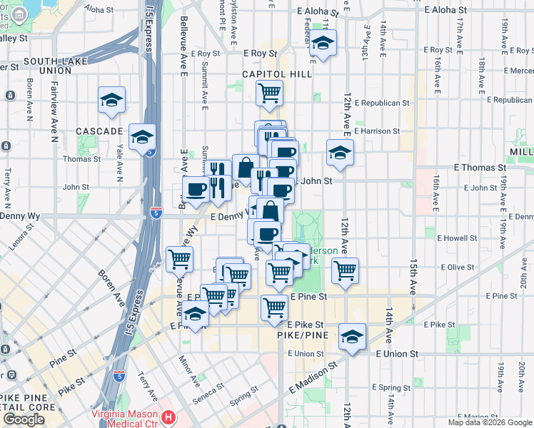 map of restaurants, bars, coffee shops, grocery stores, and more near 102 Harvard Avenue East in Seattle