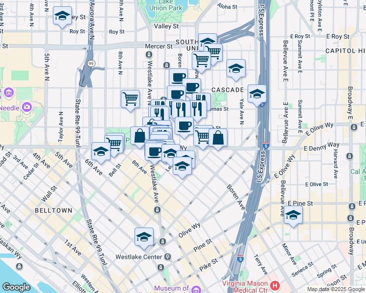 map of restaurants, bars, coffee shops, grocery stores, and more near 110 Boren Avenue North in Seattle