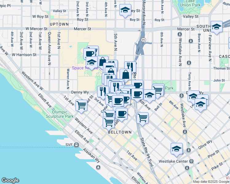 map of restaurants, bars, coffee shops, grocery stores, and more near 2720 4th Avenue in Seattle