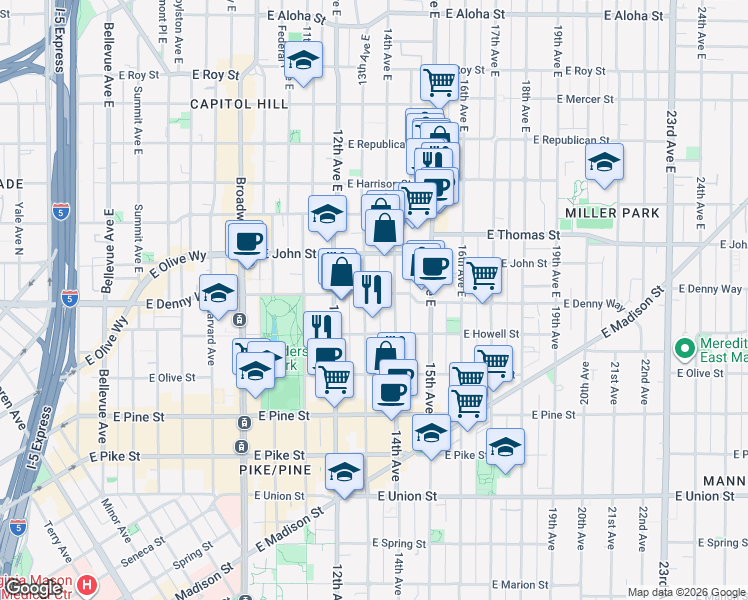 map of restaurants, bars, coffee shops, grocery stores, and more near 107 14th Avenue East in Seattle