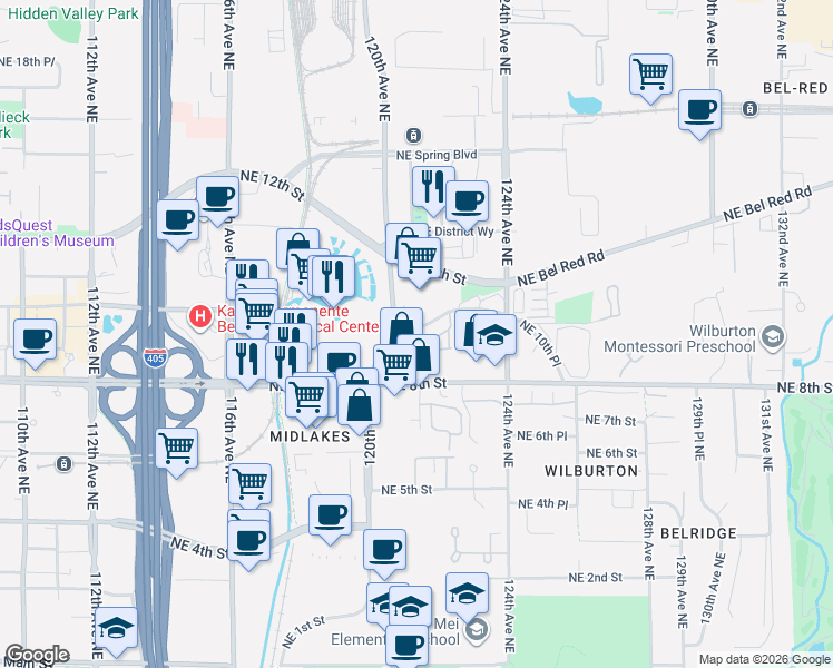 map of restaurants, bars, coffee shops, grocery stores, and more near 12005 Northeast 12th Street in Bellevue