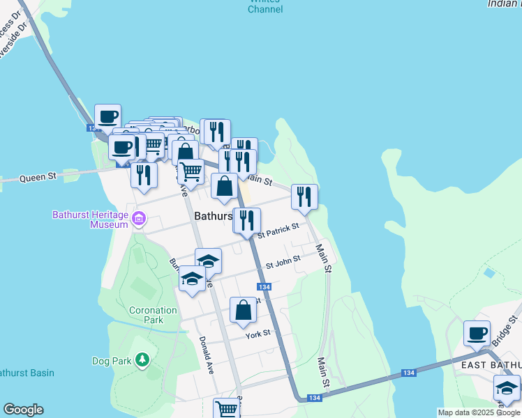 map of restaurants, bars, coffee shops, grocery stores, and more near 340 Saint Andrew Street in Bathurst