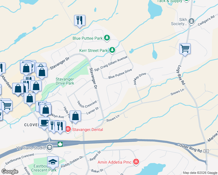 map of restaurants, bars, coffee shops, grocery stores, and more near 24 Frampton Avenue in St. John's