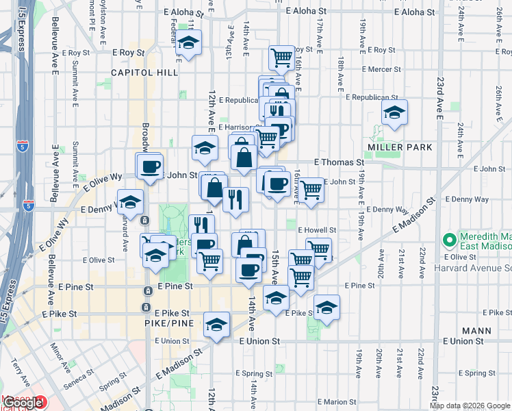 map of restaurants, bars, coffee shops, grocery stores, and more near 1832 14th Avenue in Seattle