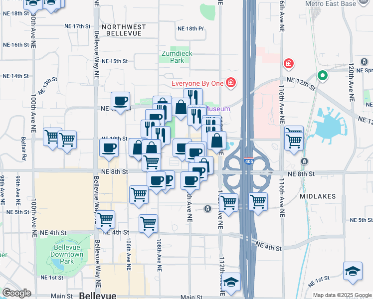 map of restaurants, bars, coffee shops, grocery stores, and more near 929 109th Avenue Northeast in Bellevue