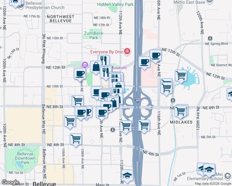 map of restaurants, bars, coffee shops, grocery stores, and more near 989 112th Avenue Northeast in Bellevue