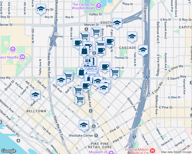map of restaurants, bars, coffee shops, grocery stores, and more near 122 Terry Ave N in Seattle