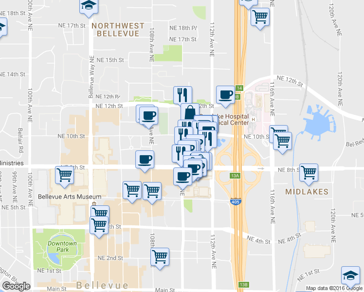 map of restaurants, bars, coffee shops, grocery stores, and more near 901 110th Place Northeast in Bellevue