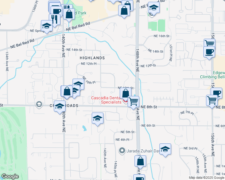 map of restaurants, bars, coffee shops, grocery stores, and more near 1009 145th Place Northeast in Bellevue