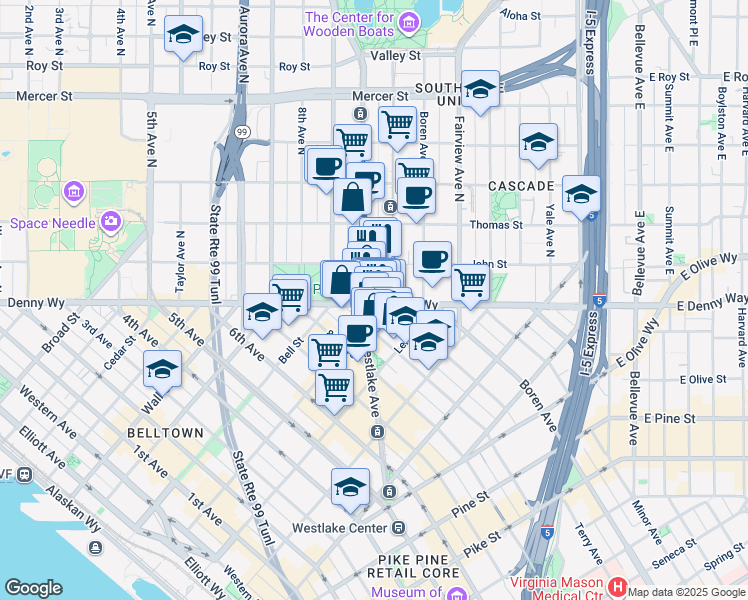 map of restaurants, bars, coffee shops, grocery stores, and more near 120 Westlake Avenue North in Seattle