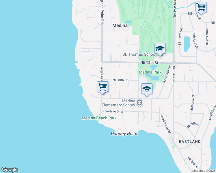 map of restaurants, bars, coffee shops, grocery stores, and more near 838 Evergreen Point Road in Medina