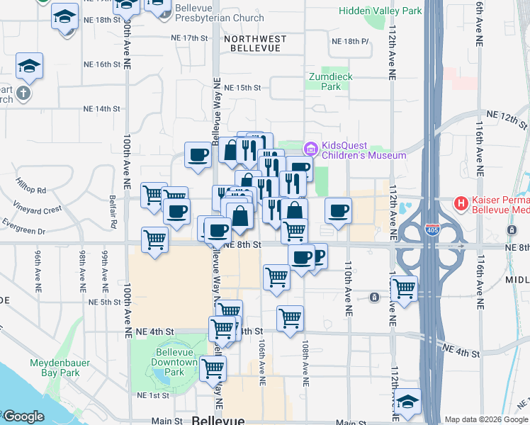 map of restaurants, bars, coffee shops, grocery stores, and more near 10620 Northeast 9th Place in Bellevue