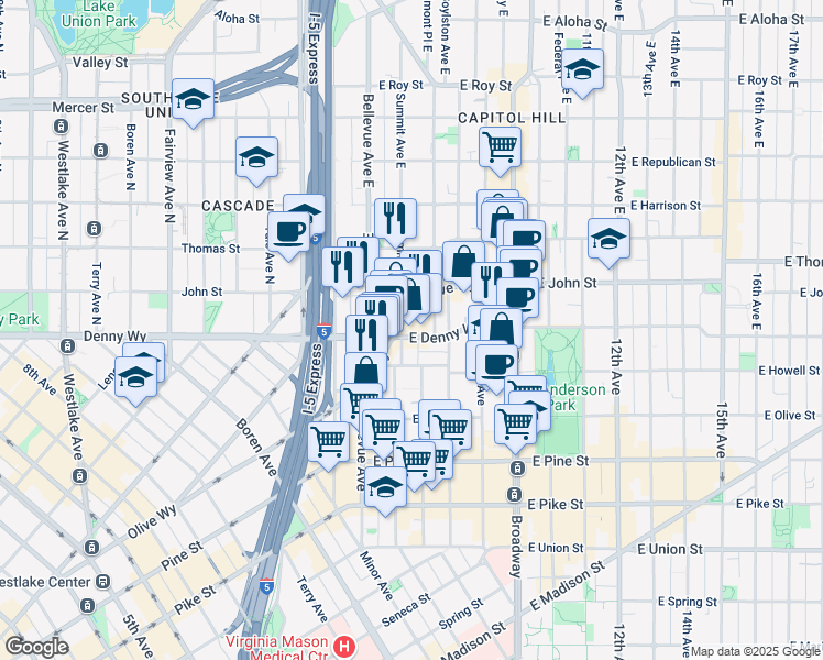 map of restaurants, bars, coffee shops, grocery stores, and more near 1580E East Olive Way in Seattle