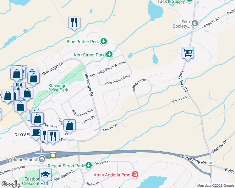 map of restaurants, bars, coffee shops, grocery stores, and more near 45 Gallipoli Street in St. John's