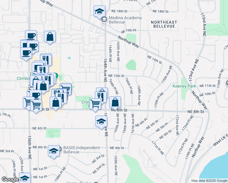 map of restaurants, bars, coffee shops, grocery stores, and more near 917 164th Place Northeast in Bellevue