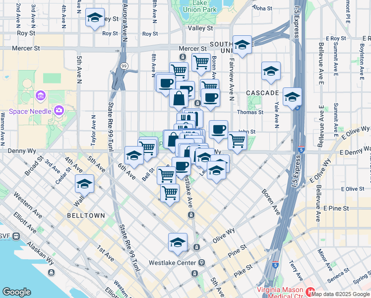 map of restaurants, bars, coffee shops, grocery stores, and more near 120 Westlake Avenue North in Seattle