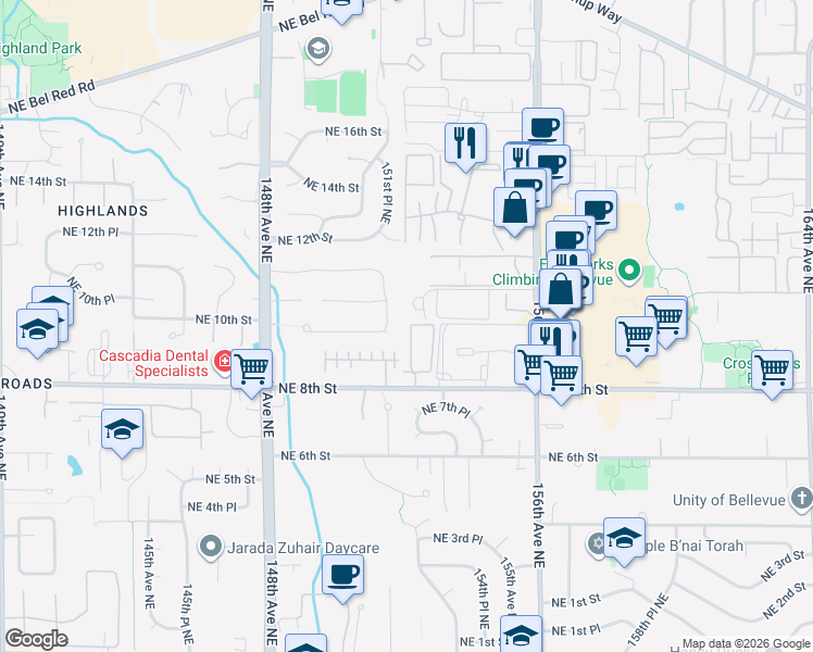map of restaurants, bars, coffee shops, grocery stores, and more near 1067 156th Avenue Northeast in Bellevue