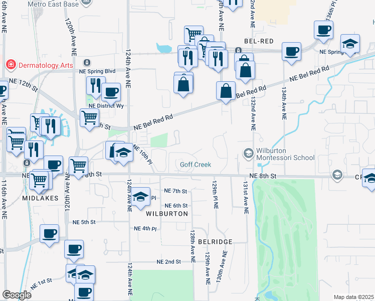 map of restaurants, bars, coffee shops, grocery stores, and more near 12760 Northeast 10th Place in Bellevue