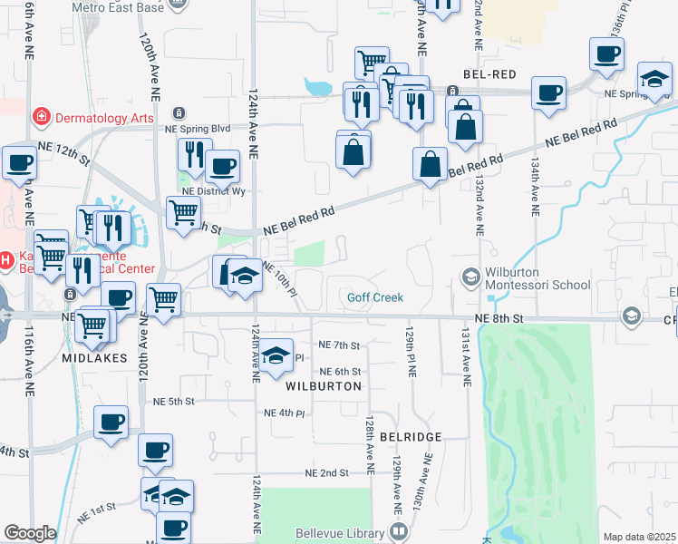 map of restaurants, bars, coffee shops, grocery stores, and more near 12760 Northeast 10th Place in Bellevue