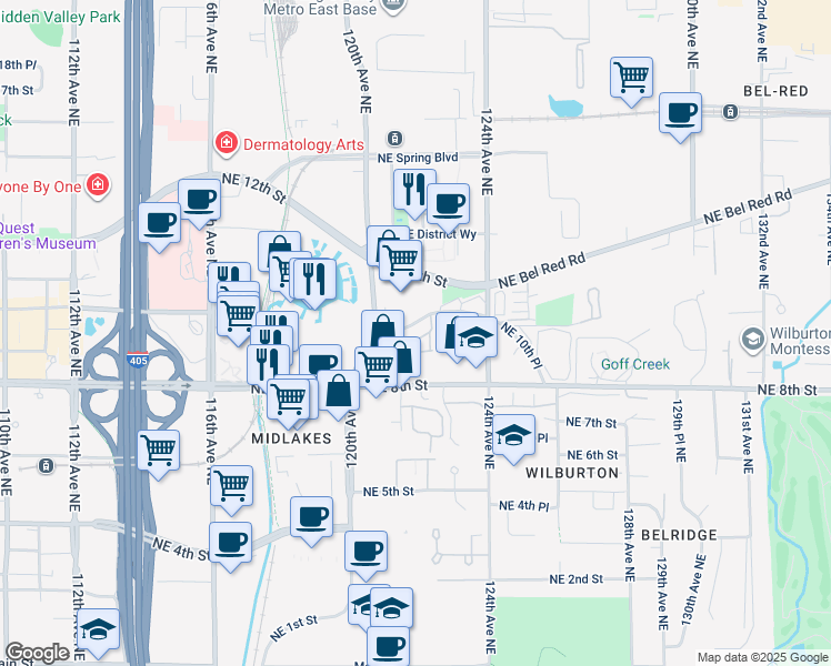 map of restaurants, bars, coffee shops, grocery stores, and more near 12005 Northeast 12th Street in Bellevue