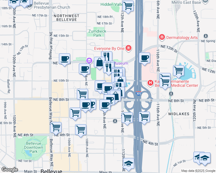 map of restaurants, bars, coffee shops, grocery stores, and more near 968 110th Avenue Northeast in Bellevue