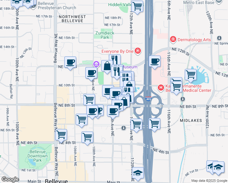 map of restaurants, bars, coffee shops, grocery stores, and more near 968 110th Avenue Northeast in Bellevue