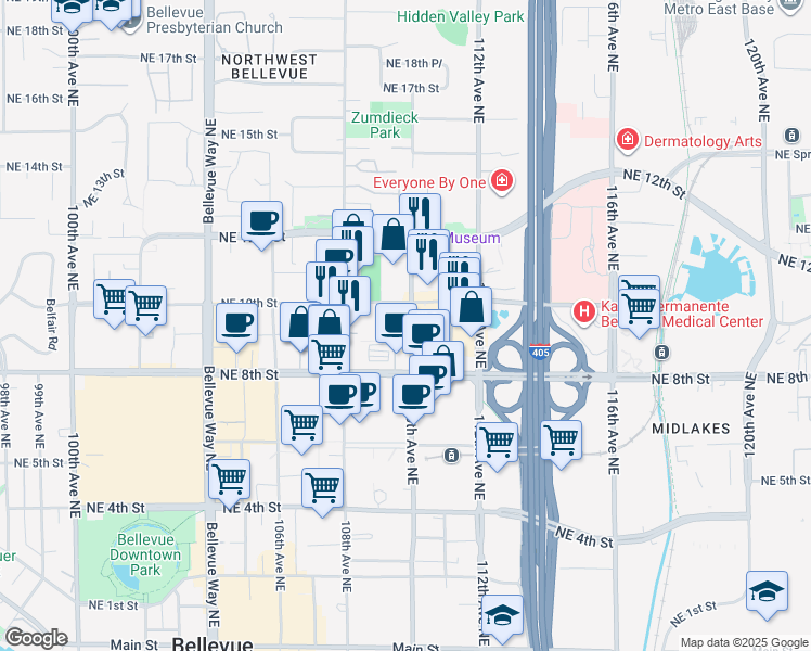 map of restaurants, bars, coffee shops, grocery stores, and more near 929 109th Avenue Northeast in Bellevue