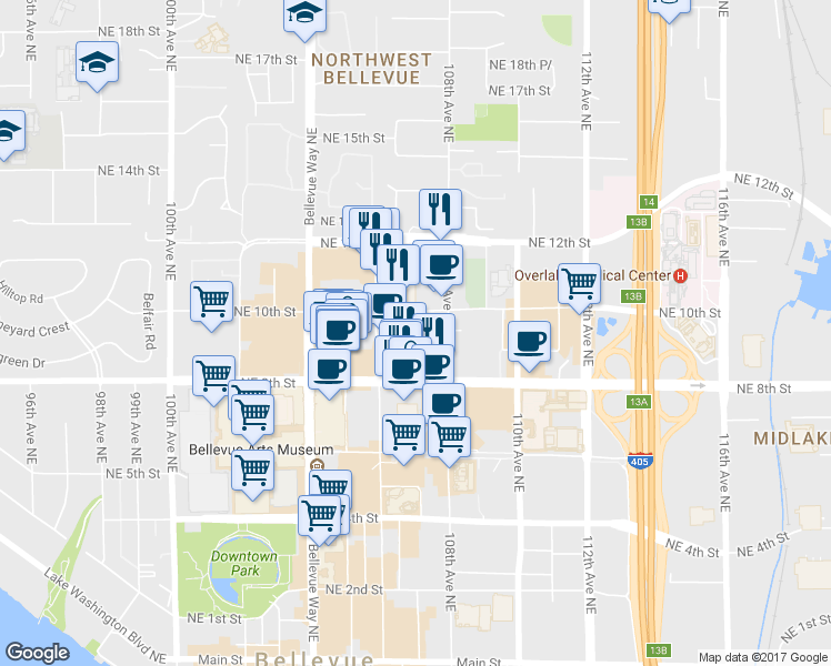 map of restaurants, bars, coffee shops, grocery stores, and more near 10505 Northeast 9th Street in Bellevue