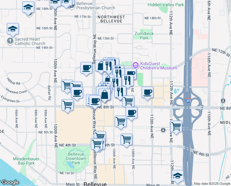 map of restaurants, bars, coffee shops, grocery stores, and more near 10610 Northeast 9th Street in Bellevue