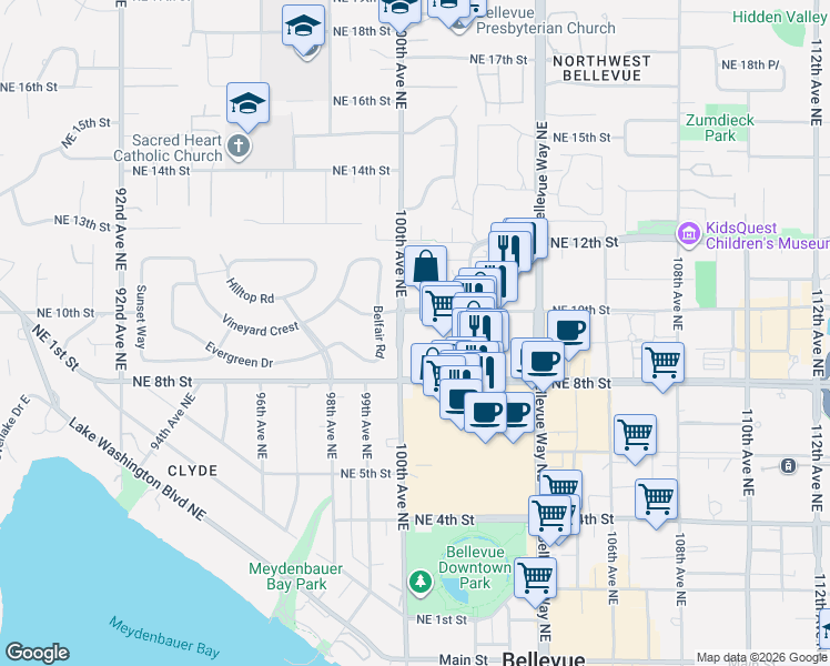 map of restaurants, bars, coffee shops, grocery stores, and more near 822 100th Avenue Northeast in Bellevue