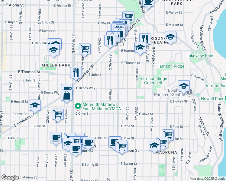 map of restaurants, bars, coffee shops, grocery stores, and more near 101 Martin Luther King Junior Way East in Seattle