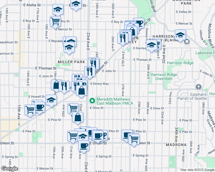 map of restaurants, bars, coffee shops, grocery stores, and more near 2500 East Denny Way in Seattle