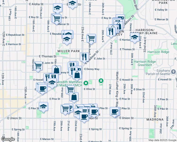 map of restaurants, bars, coffee shops, grocery stores, and more near 100 24th Avenue East in Seattle