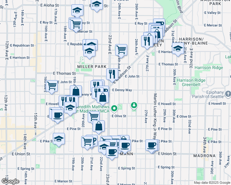 map of restaurants, bars, coffee shops, grocery stores, and more near 100 24th Avenue East in Seattle