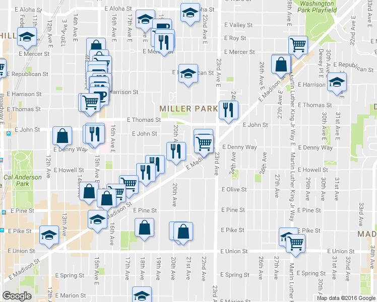 map of restaurants, bars, coffee shops, grocery stores, and more near in Seattle