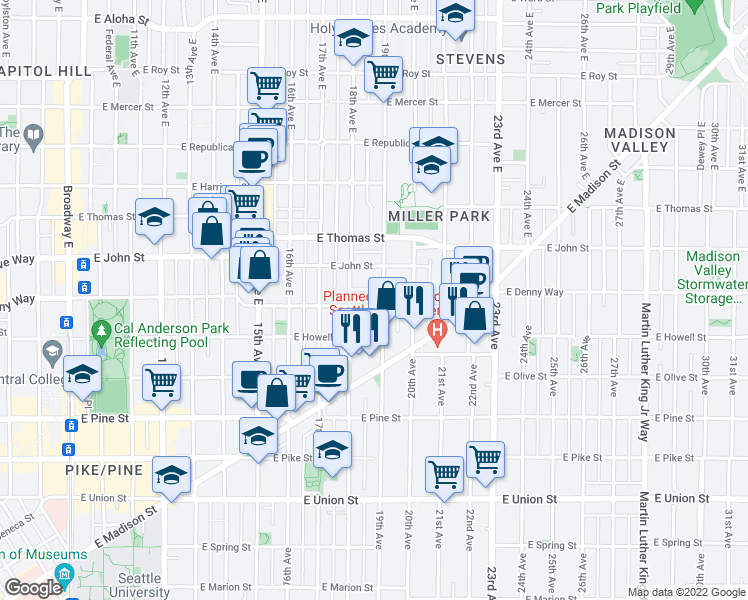 map of restaurants, bars, coffee shops, grocery stores, and more near 118 18th Avenue East in Seattle