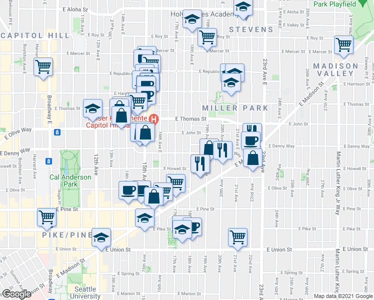 map of restaurants, bars, coffee shops, grocery stores, and more near 118 18th Avenue East in Seattle