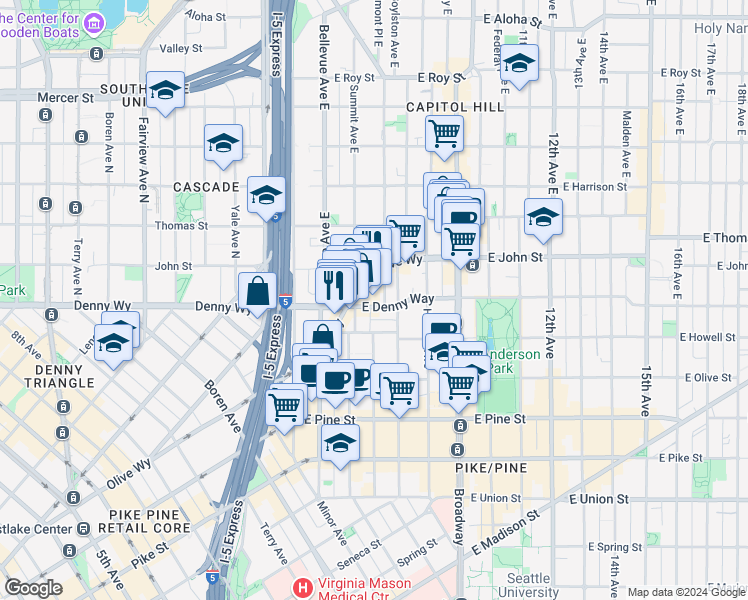 map of restaurants, bars, coffee shops, grocery stores, and more near 1580E East Olive Way in Seattle