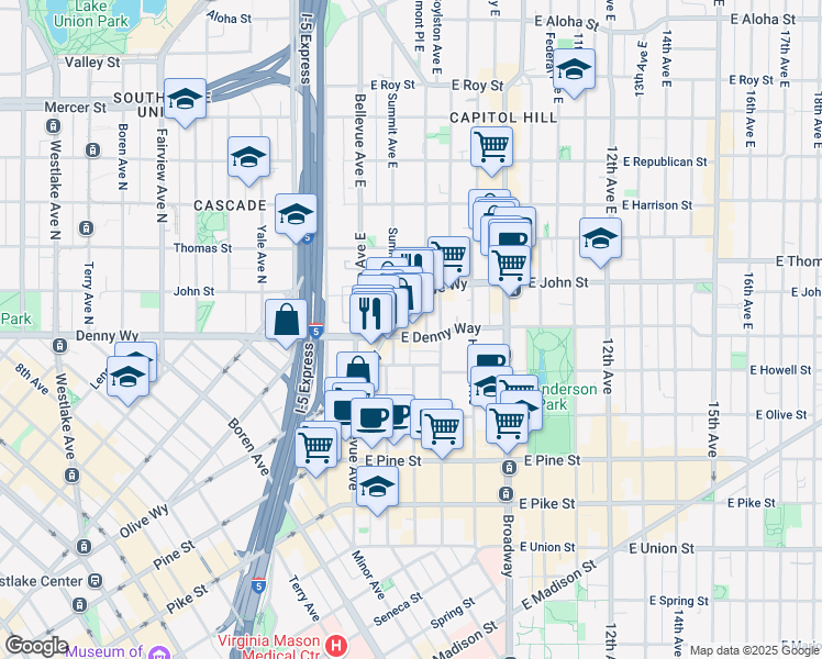 map of restaurants, bars, coffee shops, grocery stores, and more near 1580E East Olive Way in Seattle