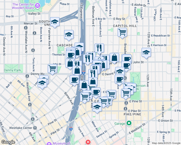 map of restaurants, bars, coffee shops, grocery stores, and more near 112 Bellevue Avenue East in Seattle