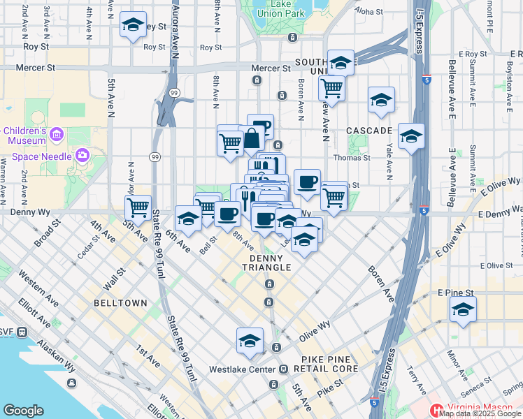 map of restaurants, bars, coffee shops, grocery stores, and more near in Seattle