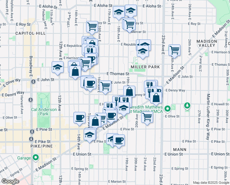 map of restaurants, bars, coffee shops, grocery stores, and more near 1720 East Denny Way in Seattle