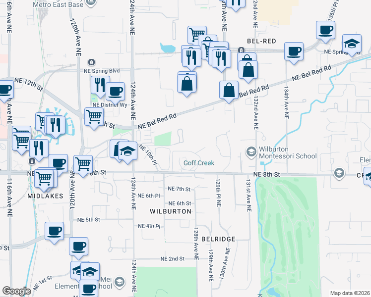 map of restaurants, bars, coffee shops, grocery stores, and more near 12740 Northeast 10th Place in Bellevue