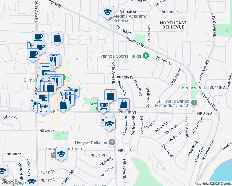 map of restaurants, bars, coffee shops, grocery stores, and more near 906 164th Avenue Northeast in Bellevue