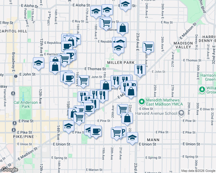 map of restaurants, bars, coffee shops, grocery stores, and more near 116 19th Avenue East in Seattle