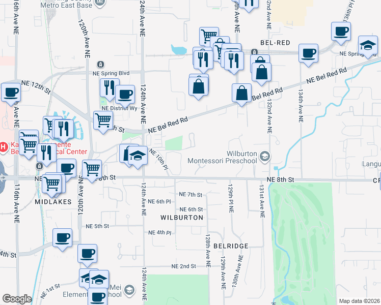 map of restaurants, bars, coffee shops, grocery stores, and more near 12720 Northeast 10th Place in Bellevue